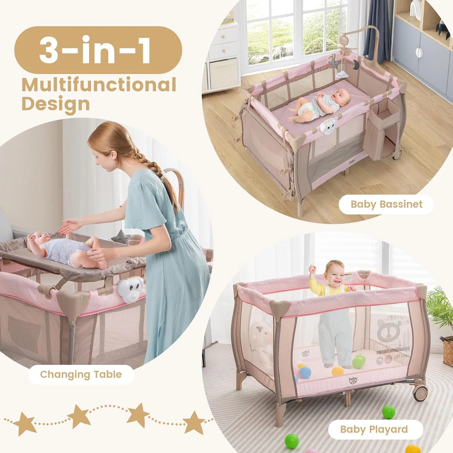3 in 1 Pink Pack and Play with Bassinet, Portable Baby Playard with Changing Table - Image 5