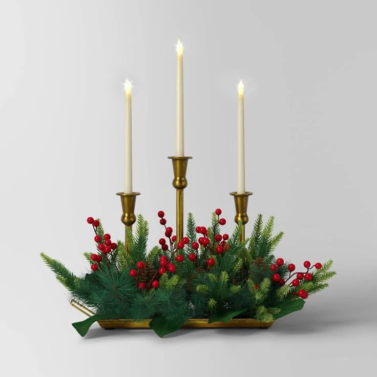 3-pc Christmas Flameless Taper Candle and Gold Holder-SHOWROOM ITEM final cut - Image 3