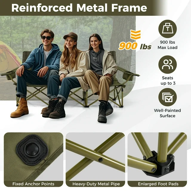 3 Person Foldable Camping Chair with 2 Cup Holders, Green - Image 5