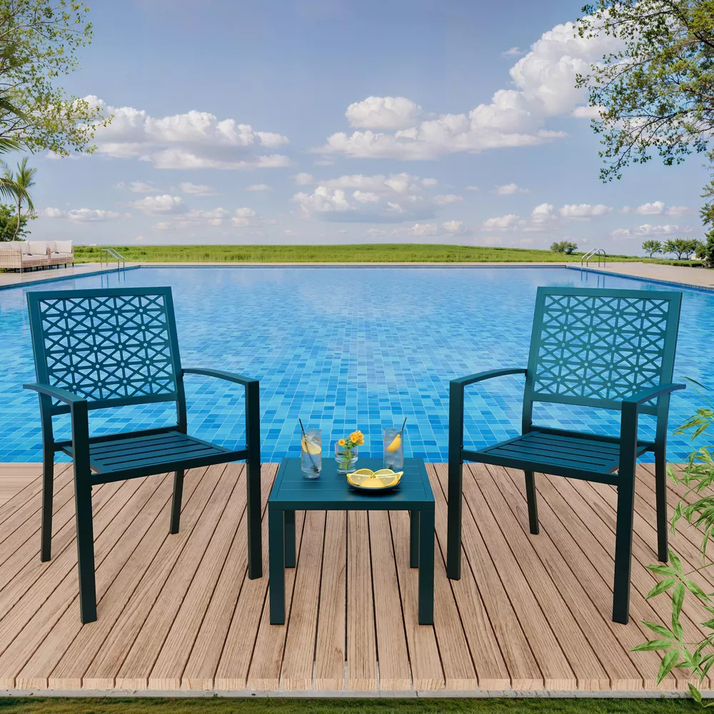 3 Piece Carved Back Design Outdoor Bistro Patio Table and Chairs - Image 2