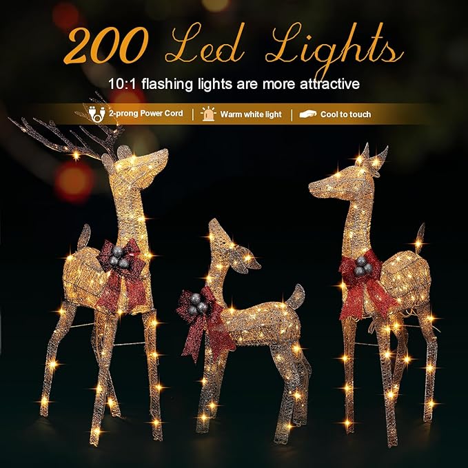 3-Piece Large Lighted Christmas Deer Family Set with Bell Bow, final cut - Image 4