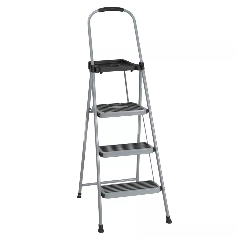 3 Step All Steel Step Stool with Tray: Folding Ladder Silver - Image 5