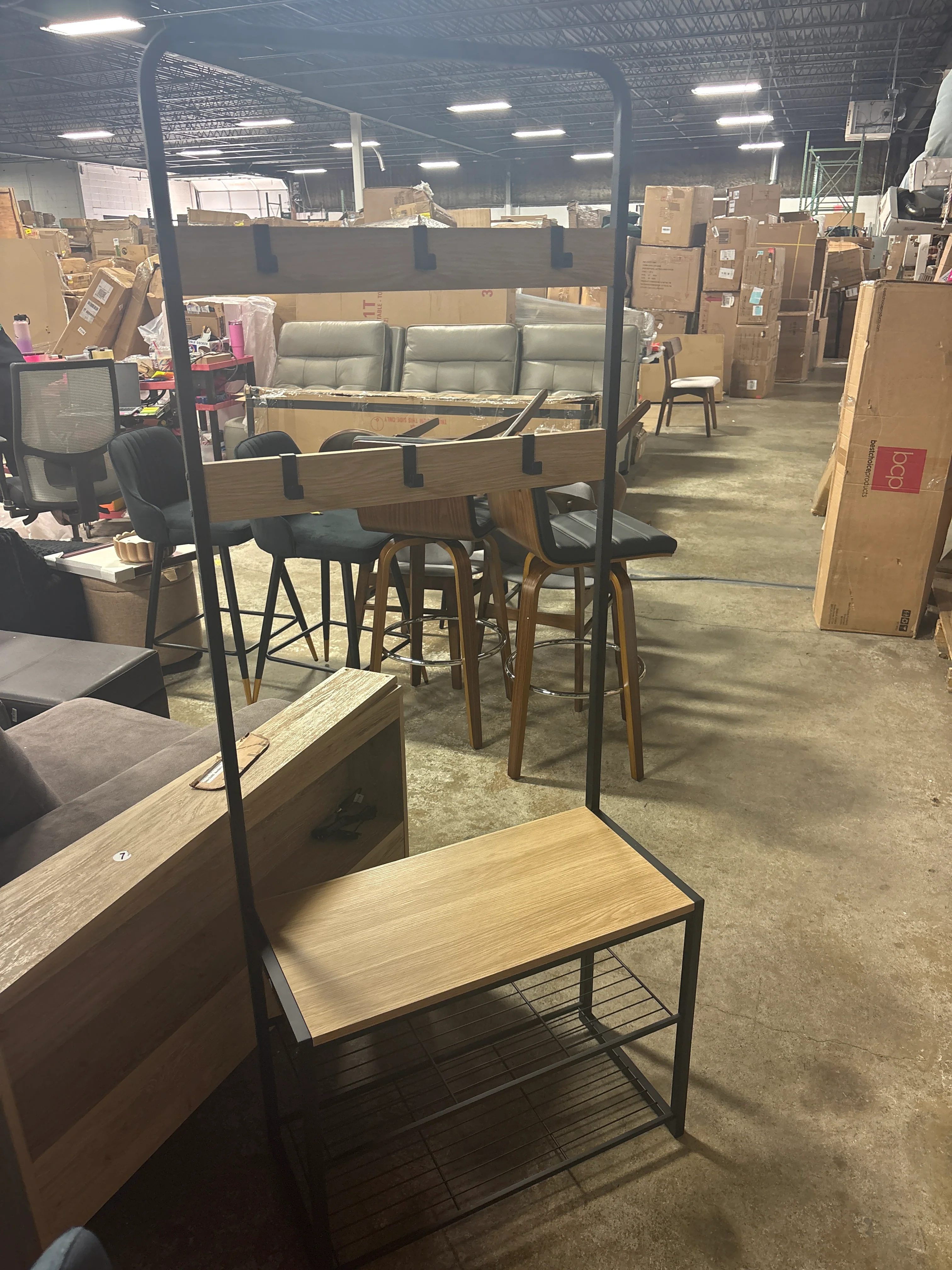 3 Tier Entry Bench with Hooks Black Metal with Natural Wood SHOWROOM ITEM - Image 2