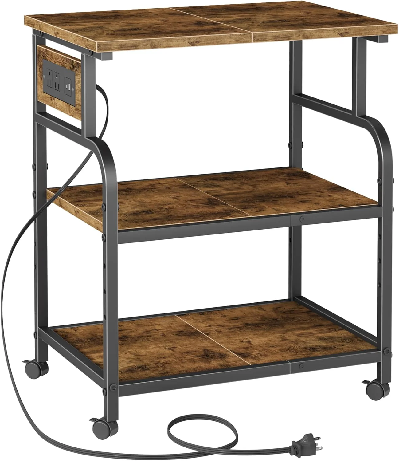 3 Tier Large Printer Stand with Power Outlet/Adjustable Storage Shelf, Rolling Cart with Wheel, Rustic Brown