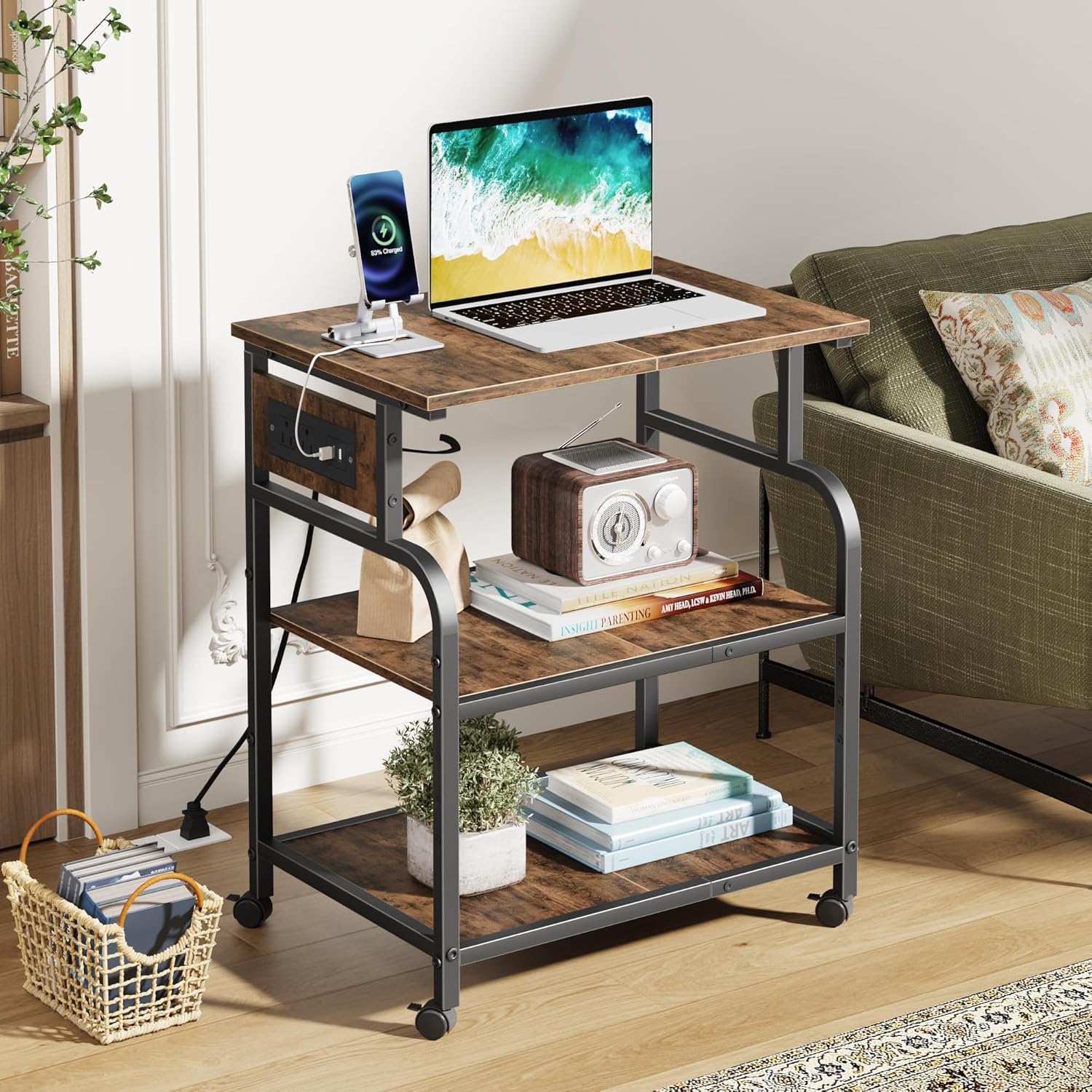 3 Tier Large Printer Stand with Power Outlet/Adjustable Storage Shelf, Rolling Cart with Wheel, Rustic Brown - Image 3