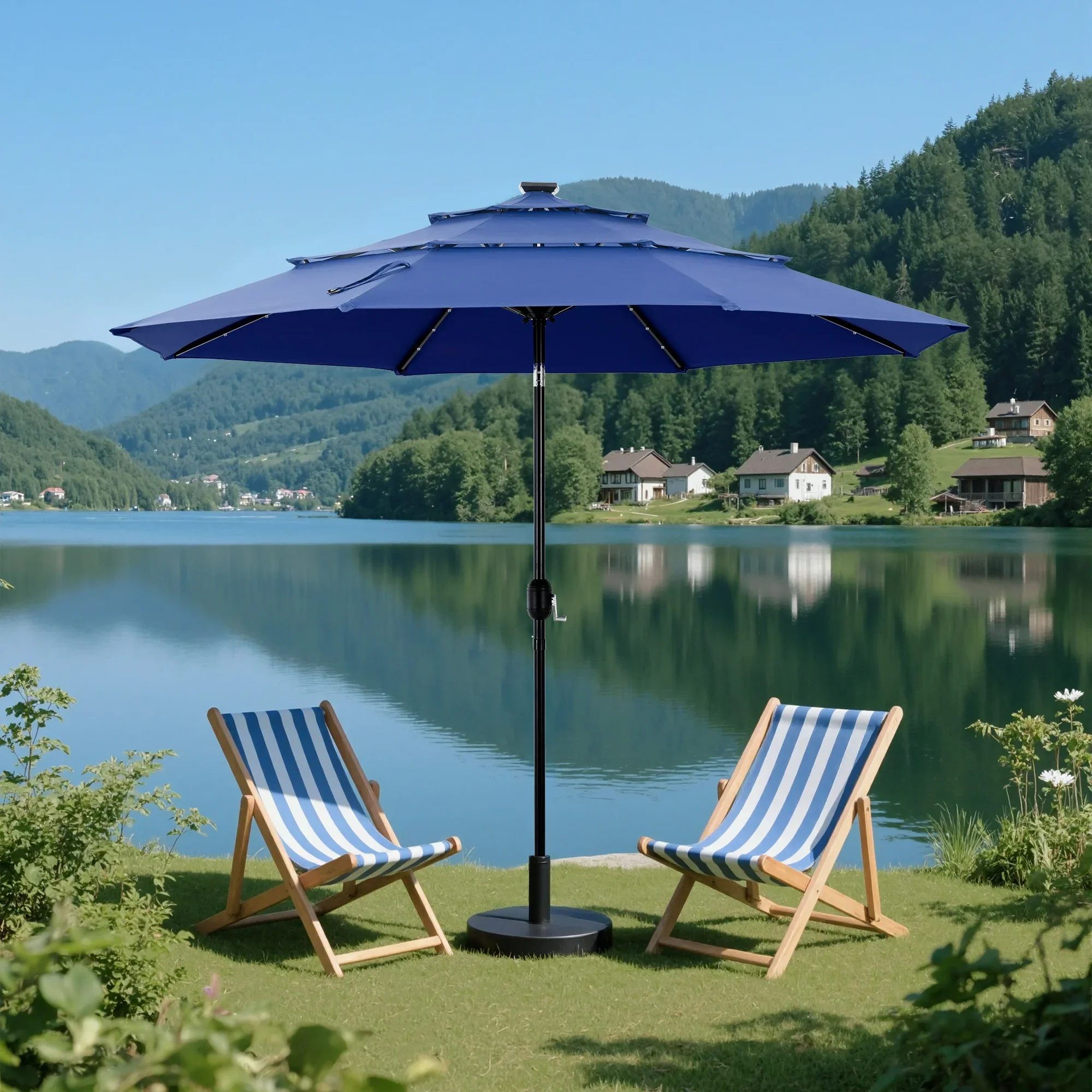 3-Tier Patio Umbrella with Tilt Adjustment Outdoor Market Umbrella Navy Blue - Image 4