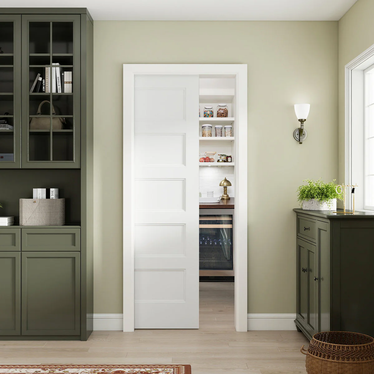 Flat 5-Panel Smooth White Primed Molded Hollow Core Sliding Pocket Door with Soft Closet Pocket Door Frame Kits