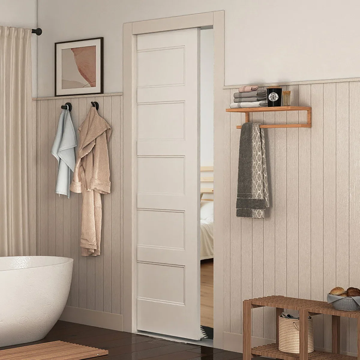 Flat 5-Panel Smooth White Primed Molded Hollow Core Sliding Pocket Door with Soft Closet Pocket Door Frame Kits - Image 2