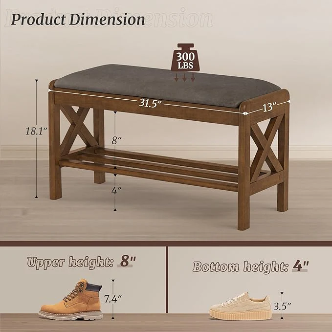 Shoe Bench with Faux Leather Cushioned Seat - Image 2