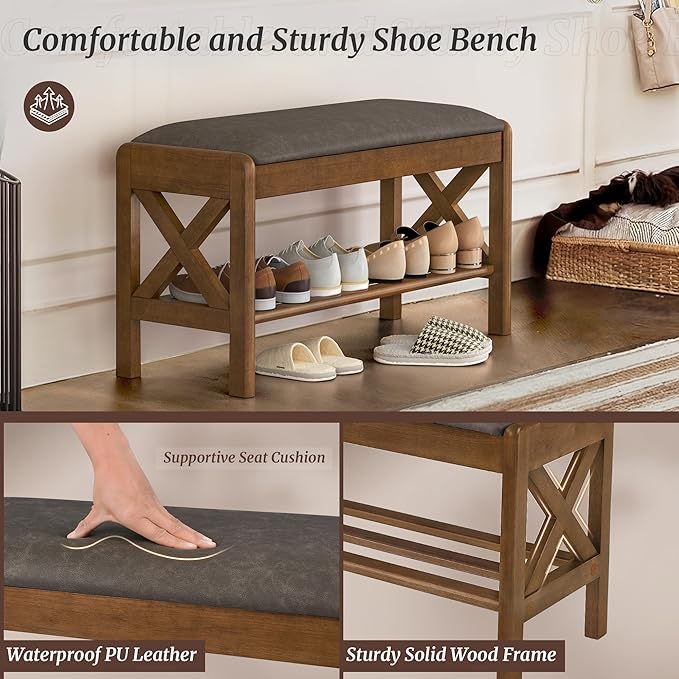 Shoe Bench with Faux Leather Cushioned Seat - Image 3
