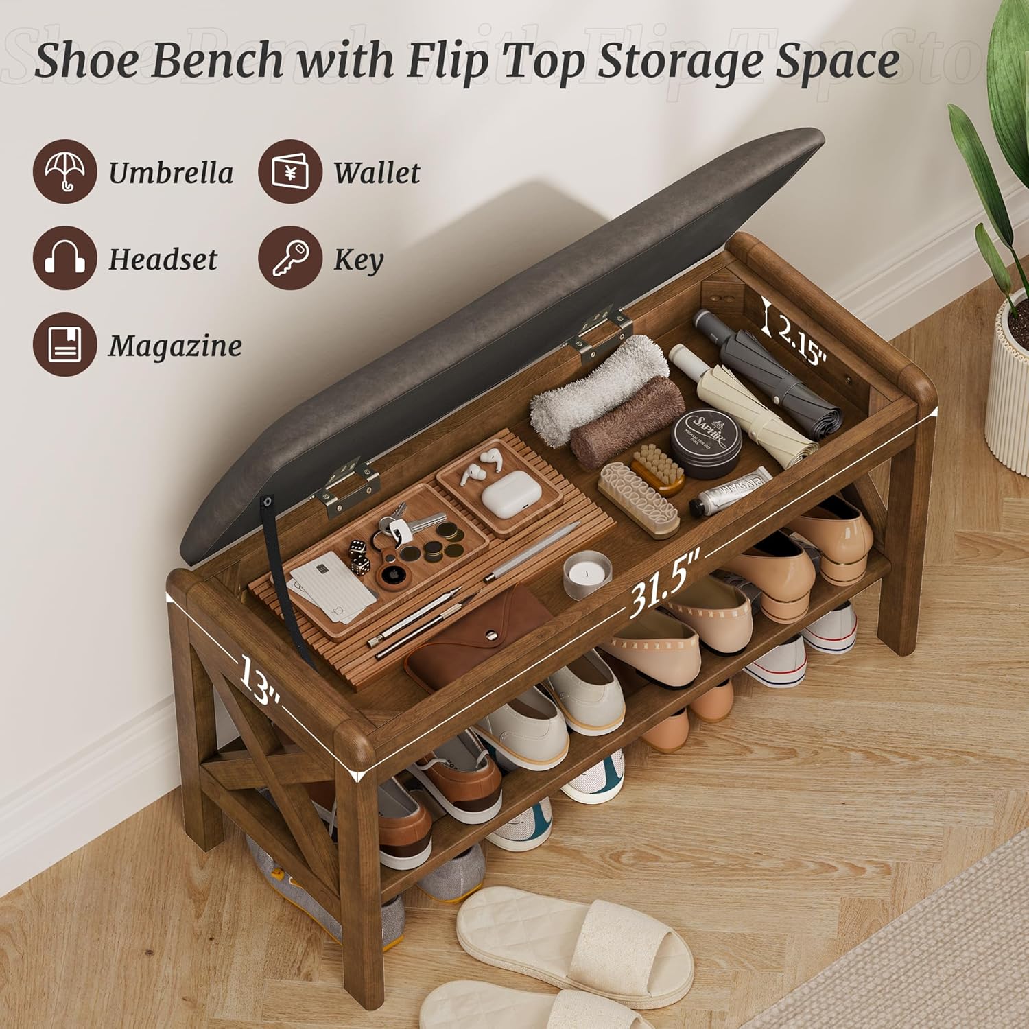 Shoe Bench with Faux Leather Cushioned Seat - Image 5
