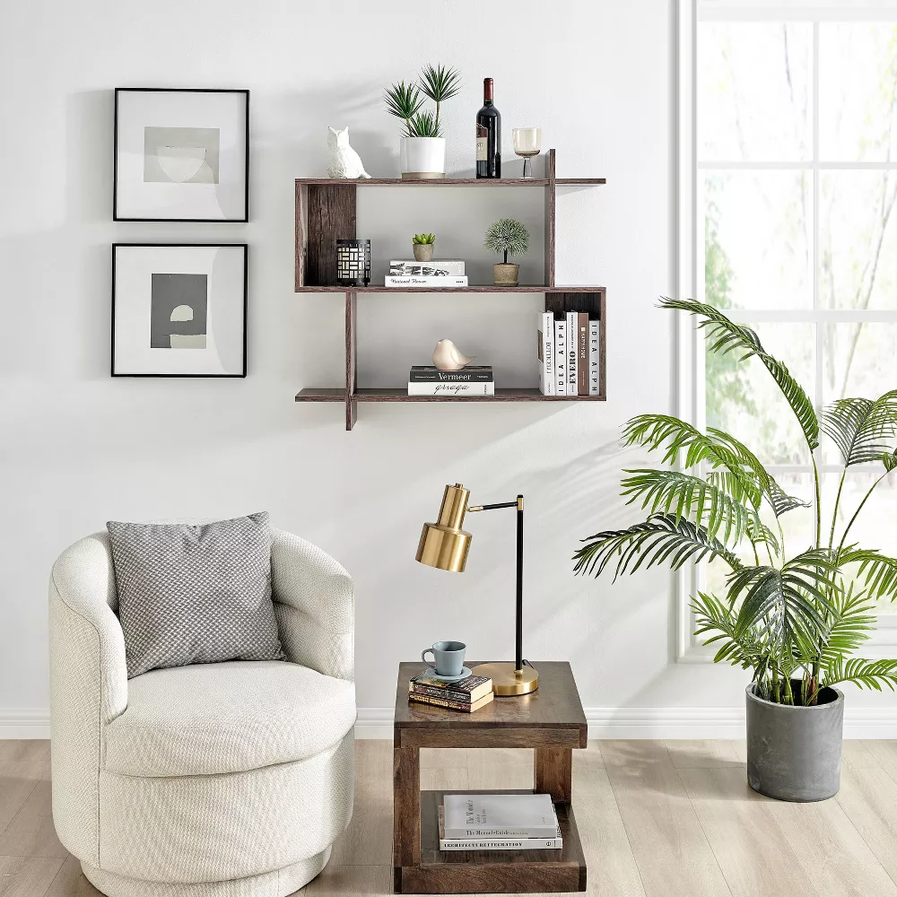 Manasa Floating Geometric Kilter 2 Tier Wall Shelf Hickory Dark Brown - Image 4