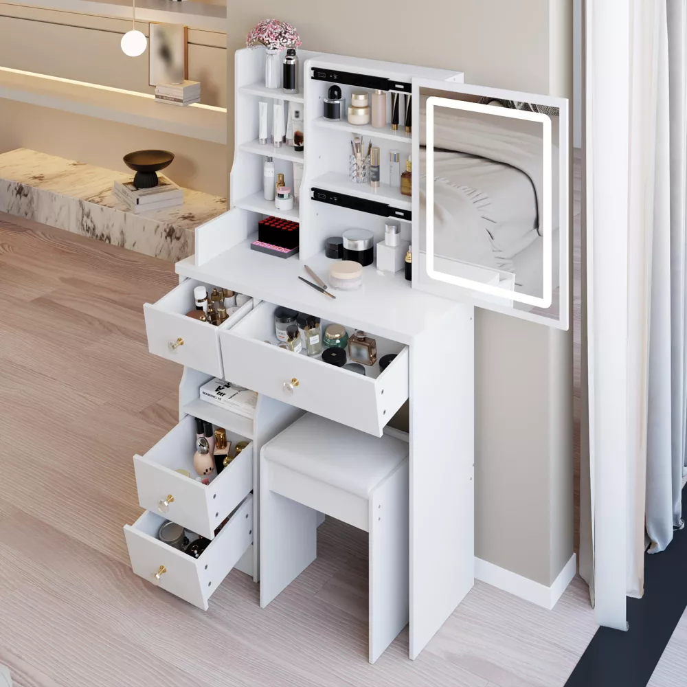 Makeup Vanity Desk with Mirror and Light White - Image 3