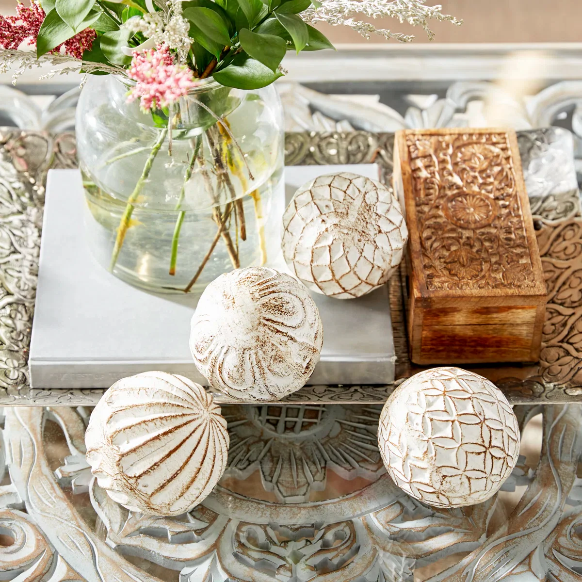 3pc Carwyn Ceramic Handmade Carved Decorative White Orbs SHOWROOM ITEM