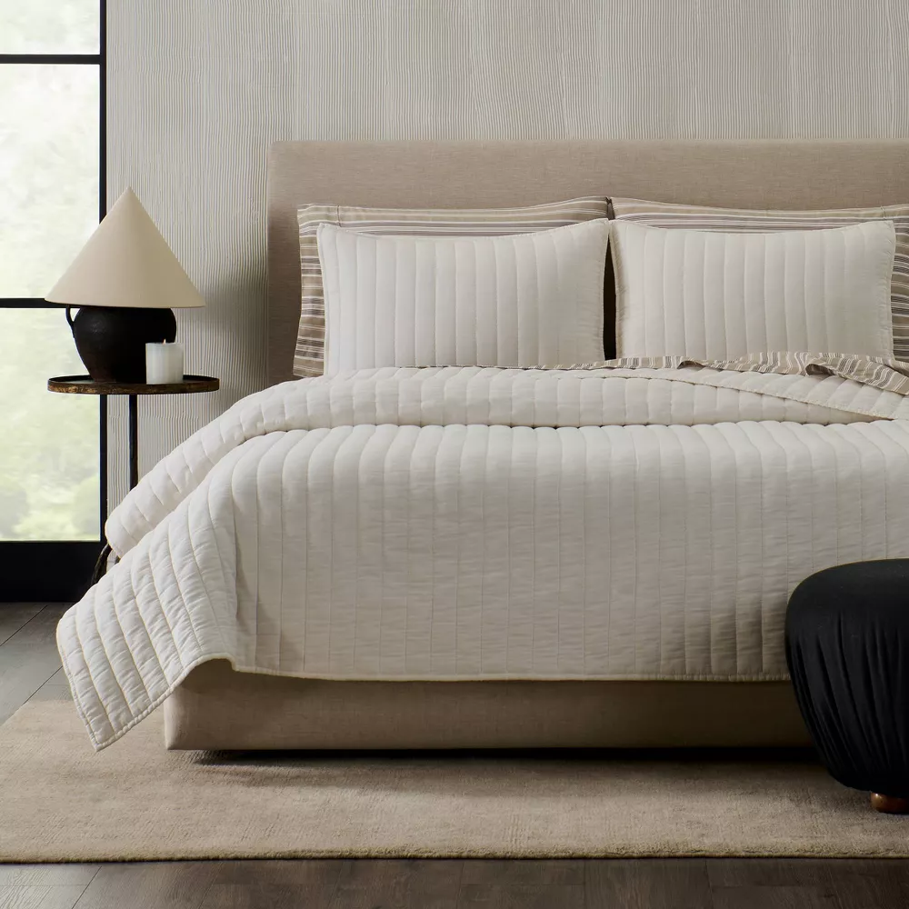 3pc Full/Queen Channel Rice Stitch Gauze Quilt Set Cream