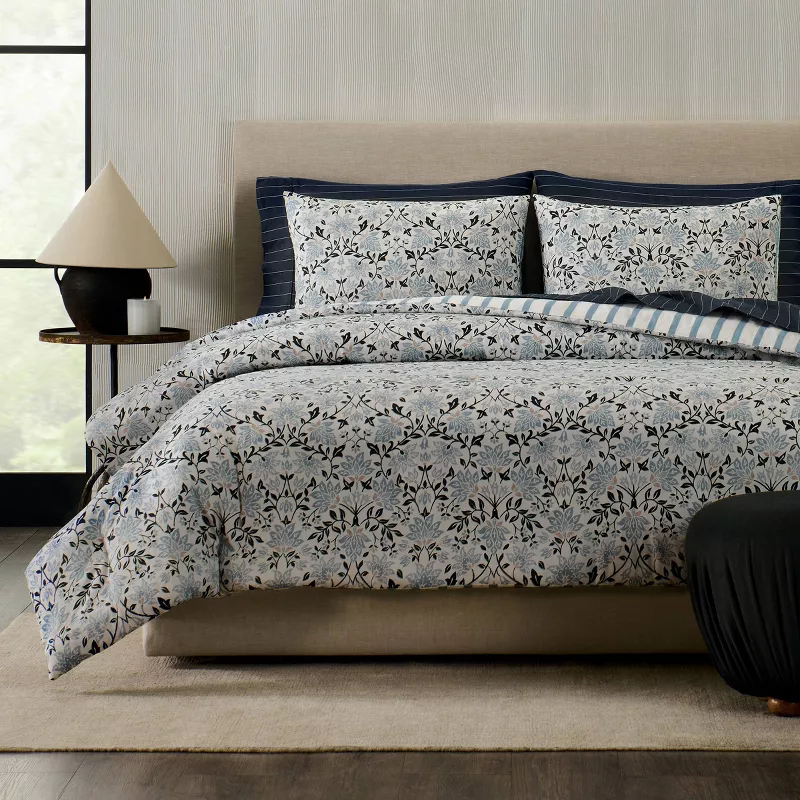 3pc Floral 'Geneva' Cotton Comforter Set Blue Full/Queen