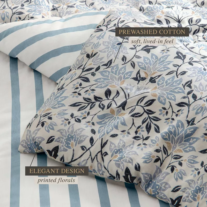 3pc Floral 'Geneva' Cotton Comforter Set Blue Full/Queen - Image 3