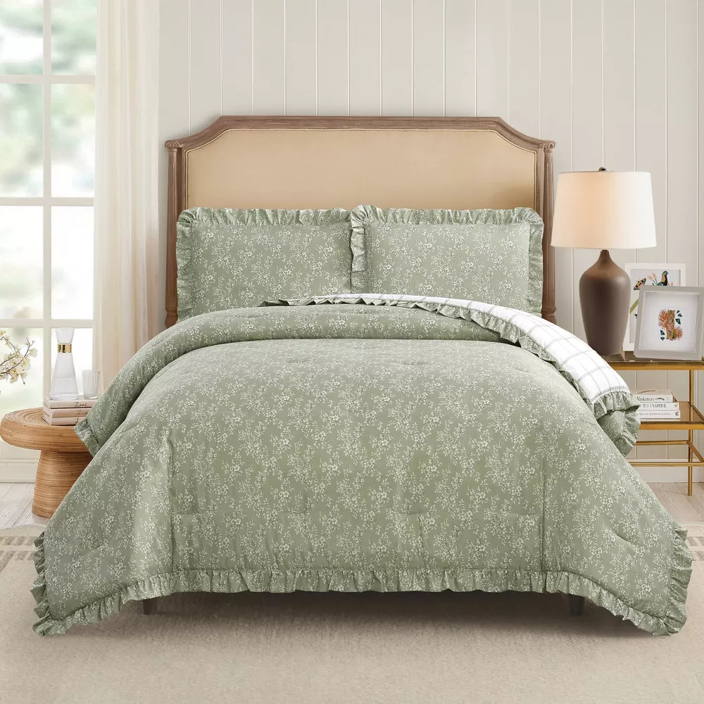 3pc Full/Queen Floral Ruffle Comforter Bedding Set Assorted Green - Image 2