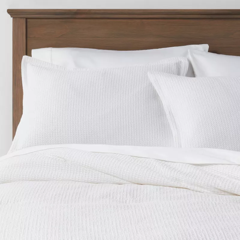 3pc Washed Waffle Weave Comforter and Sham Set White Full/Queen