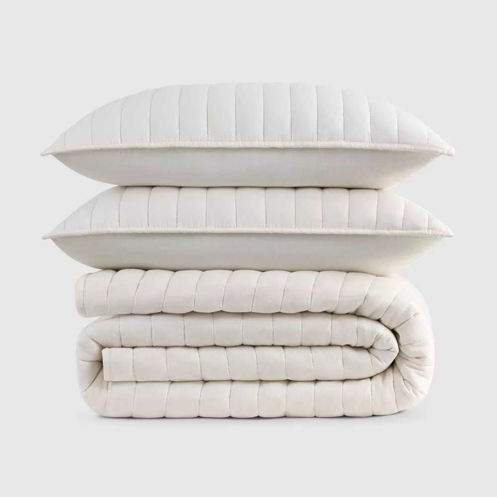 3pc King Channel Rice Stitch Gauze Quilt Set Cream - Image 5