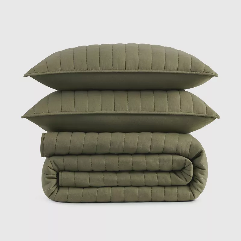 3pc King Channel Rice Stitch Gauze Quilt Set Green - Image 5