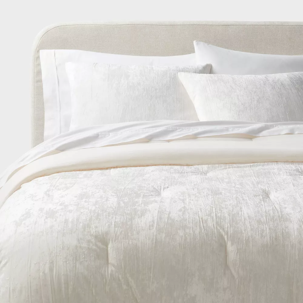 3pc King Luxe Distressed Crinkle Velvet Comforter and Sham Set Ivory