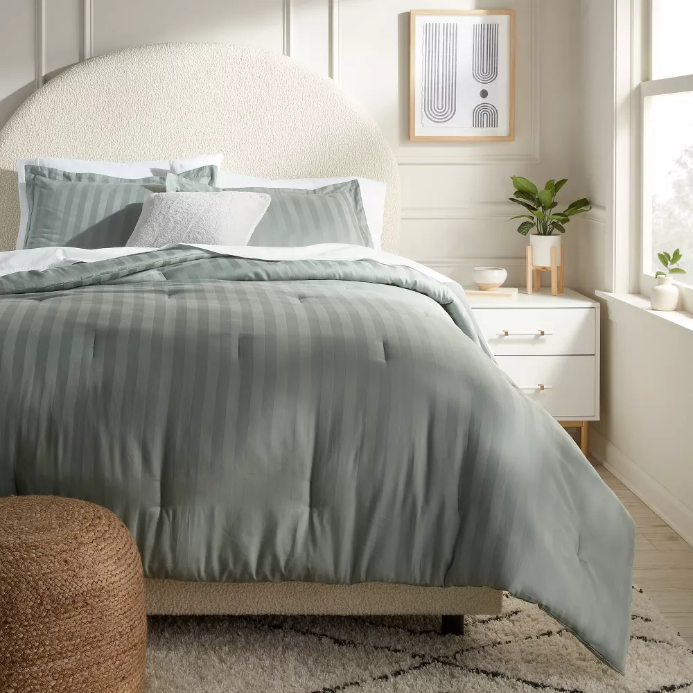 3pc King Luxe Striped Damask Comforter and Sham Set Light Teal Green - Image 2
