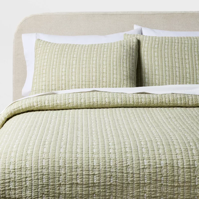 3pc King Reversible Lightweight Matelasse Quilt and Shams Set Tinker Stripe Green