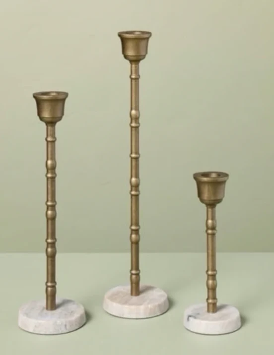 3pc Taper Marble and Brass Candle Holder Set- Hearth & Hand with Magnolia SHOWROOM ITEM