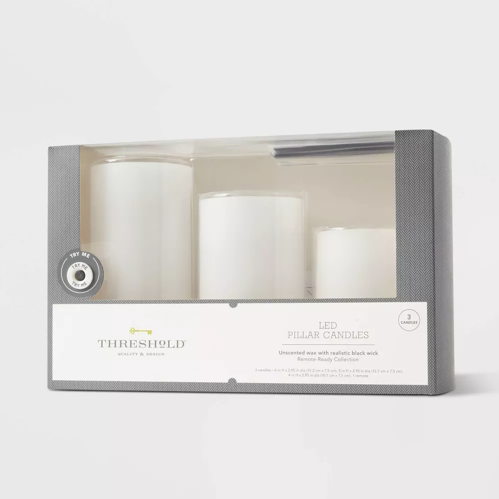 3pk 3" x 4" 3" x 5" 3" x 6" LED Flameless Black Wick Candles White