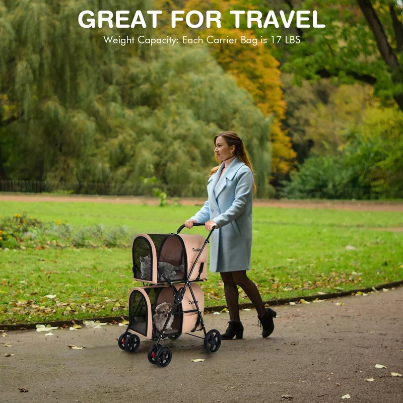 4-in-1 Double Pet Stroller w/ Detachable Carrier Travel Carriage for Cats Beige - Image 3