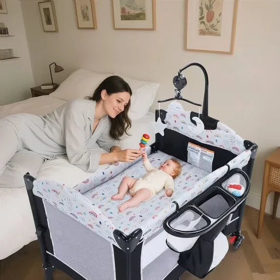 4-in-1 Portable Baby Play Yard with Changing Table for Newborn, Multicolor