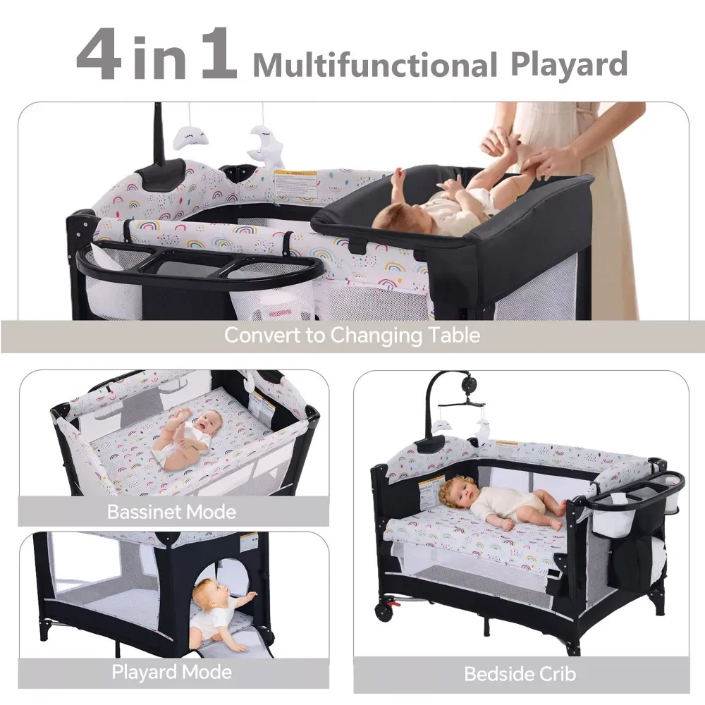 4-in-1 Portable Baby Play Yard with Changing Table for Newborn, Multicolor, - Image 4