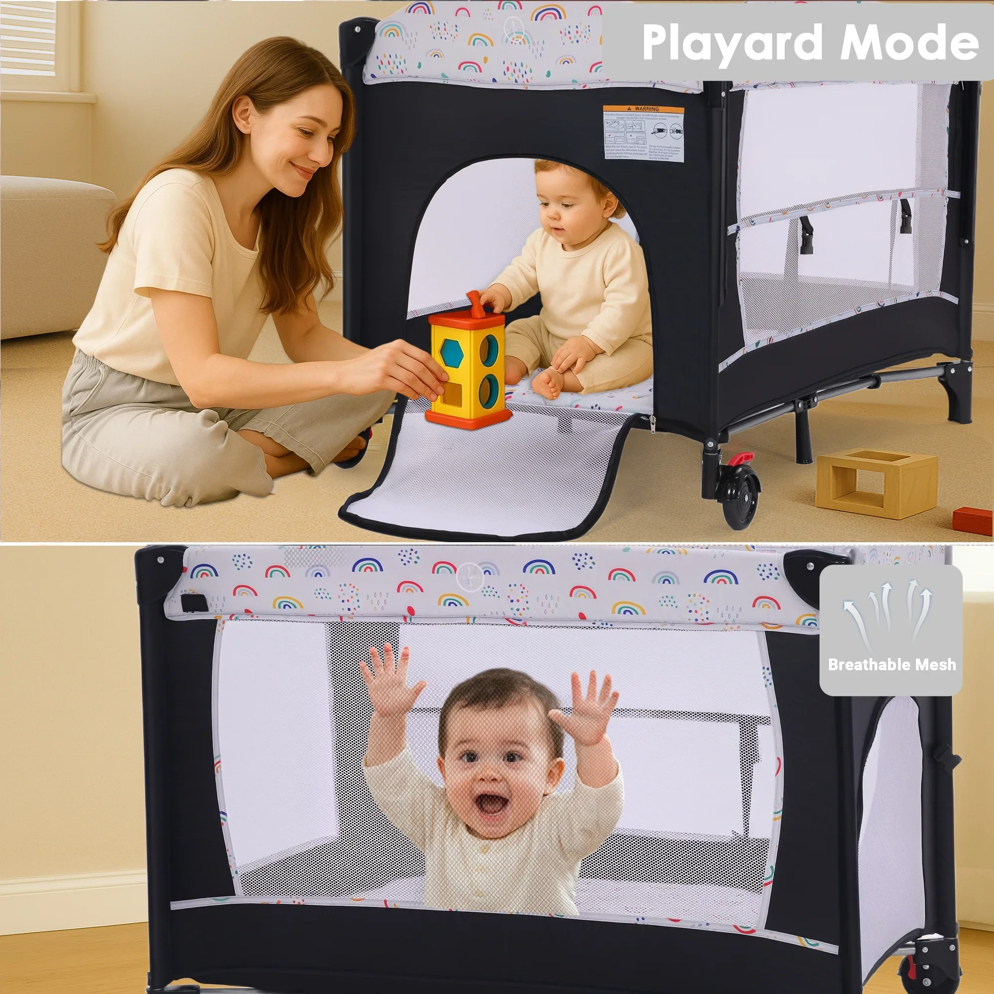 4-in-1 Portable Baby Play Yard with Changing Table for Newborn, Multicolor - Image 3