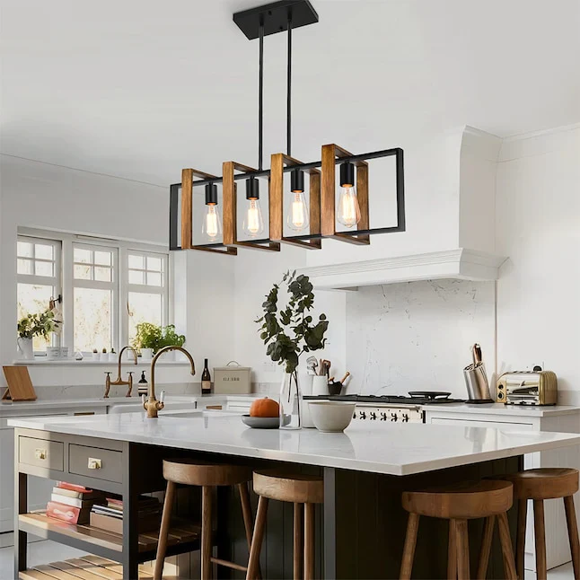 4 -Light Black and Wood Farmhouse Linear Large Hanging Kitchen Island - Image 2