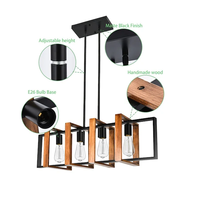 4 -Light Black and Wood Farmhouse Linear Large Hanging Kitchen Island - Image 4