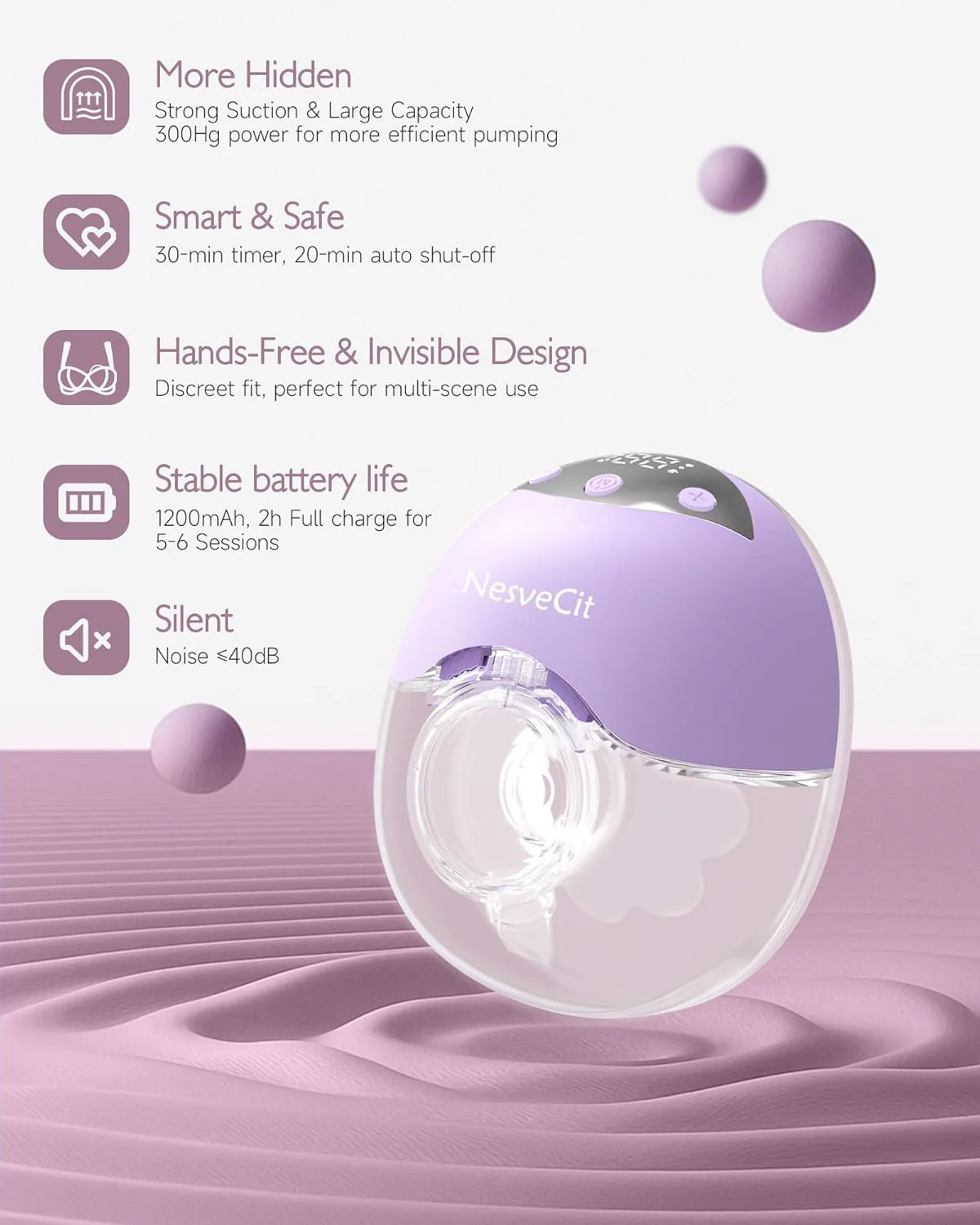 4 Modes & 12 Suction Levels, Painless 300mmHg Suction Portable Electric Pump, 2 Pack Purple - Image 5