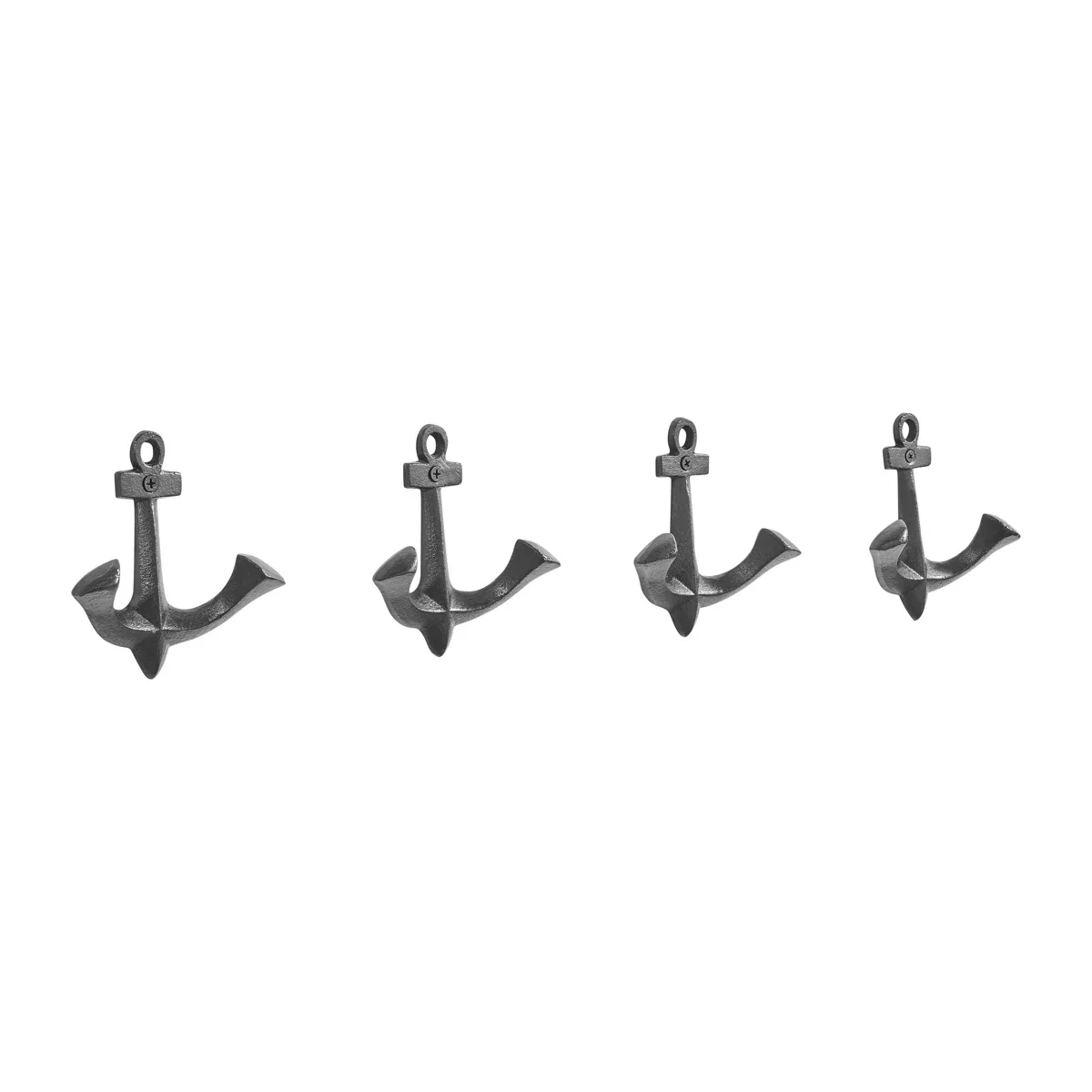 4 Piece Dark Brown Cast Iron Anchor Two-Prong Decorative Wall Sculpture Figure Utility Double Hook Set