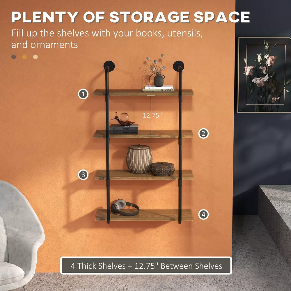 4-Tier Industrial Pipe Shelves Floating Wall Mounted Bookshelf - Image 4