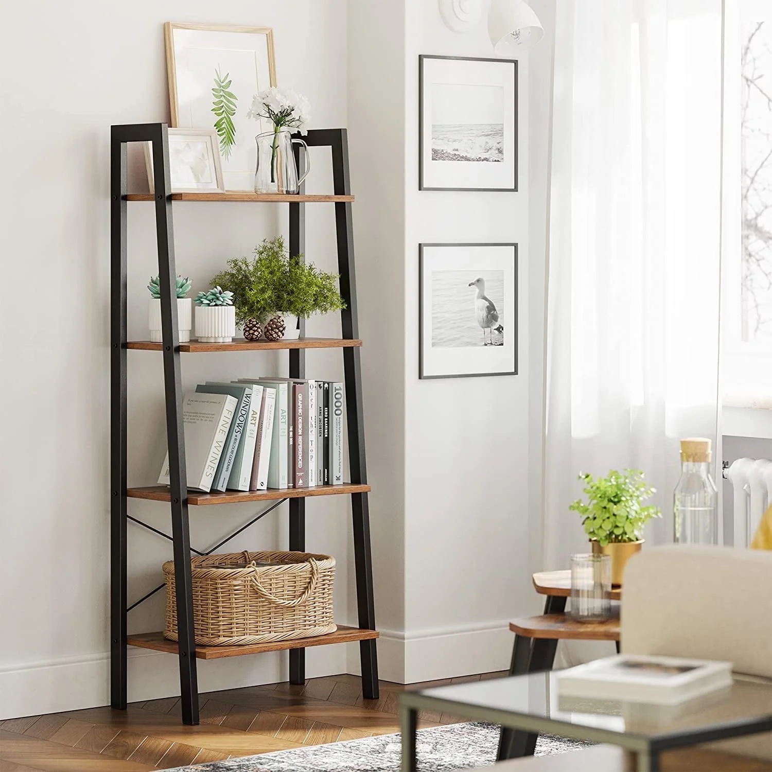 4-Tier Ladder Shelf Wall Ladder Bookshelf Bookcase Rack, Rustic Brown and Black, - Image 2
