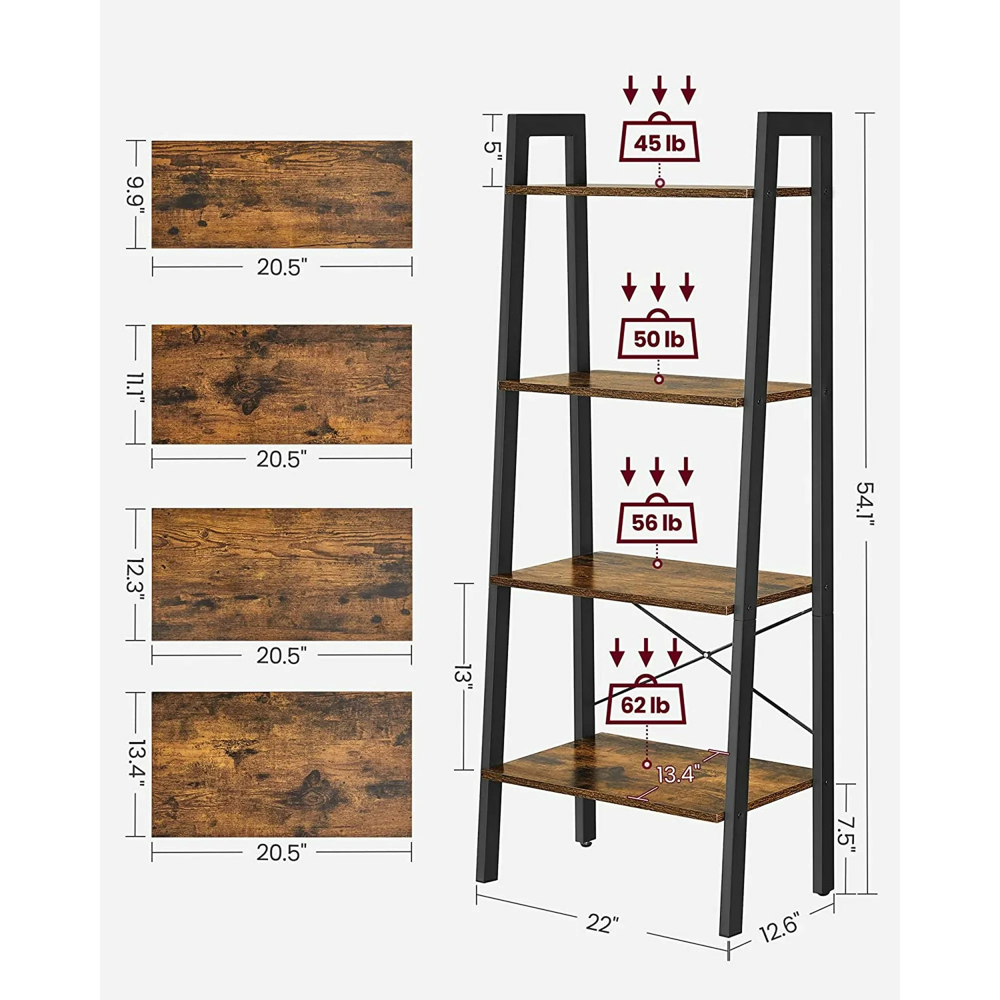 4-Tier Ladder Shelf Wall Ladder Bookshelf Bookcase Rack, Rustic Brown and Black, - Image 3
