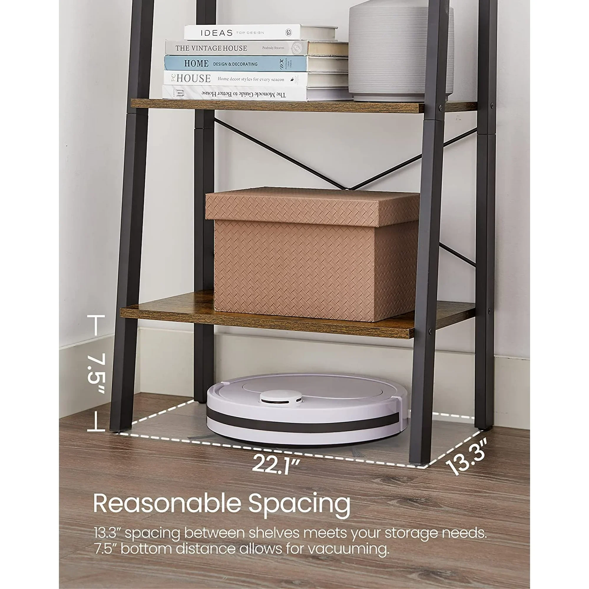4-Tier Ladder Shelf Wall Ladder Bookshelf Bookcase Rack, Rustic Brown and Black, - Image 5