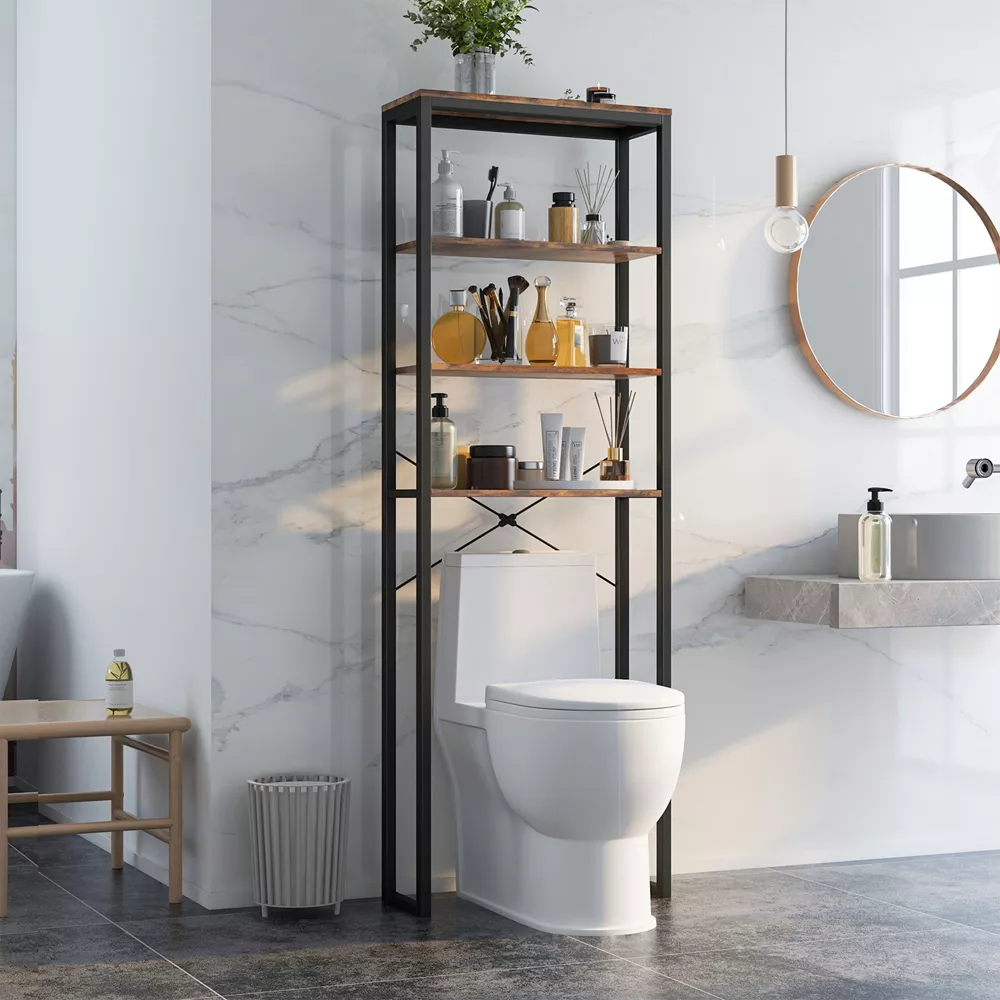 4-Tier Over the Toilet Storage Rack Freestanding Bathroom Organizer Rustic Brown , - Image 4
