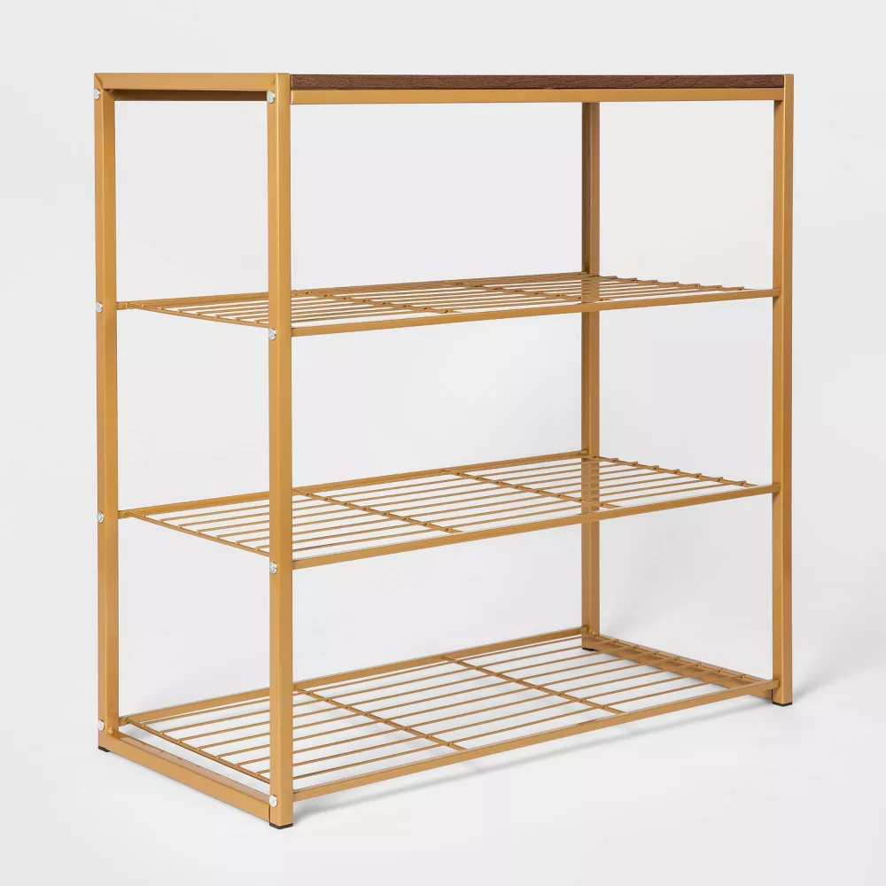 4 Tier Shoe Rack Brass with Walnut Wood - Image 2
