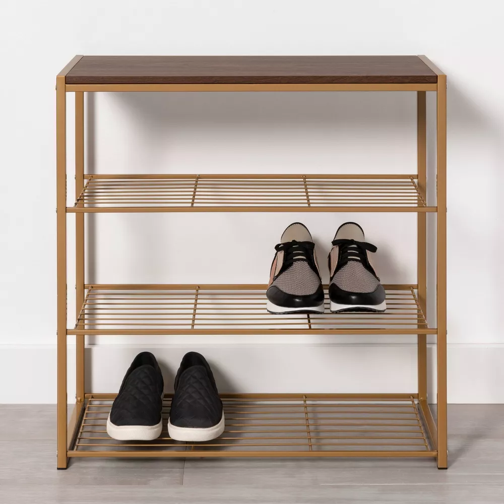 4 Tier Shoe Rack Brass with Walnut Wood - Image 3