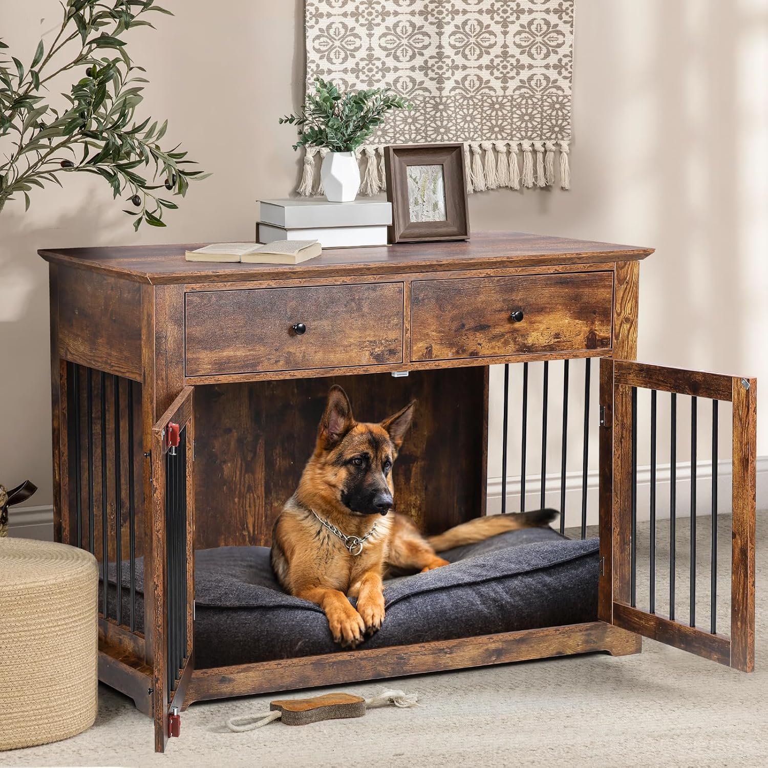 Large Dog Crate Furniture, Wooden Dog Kennel End Table, Brown