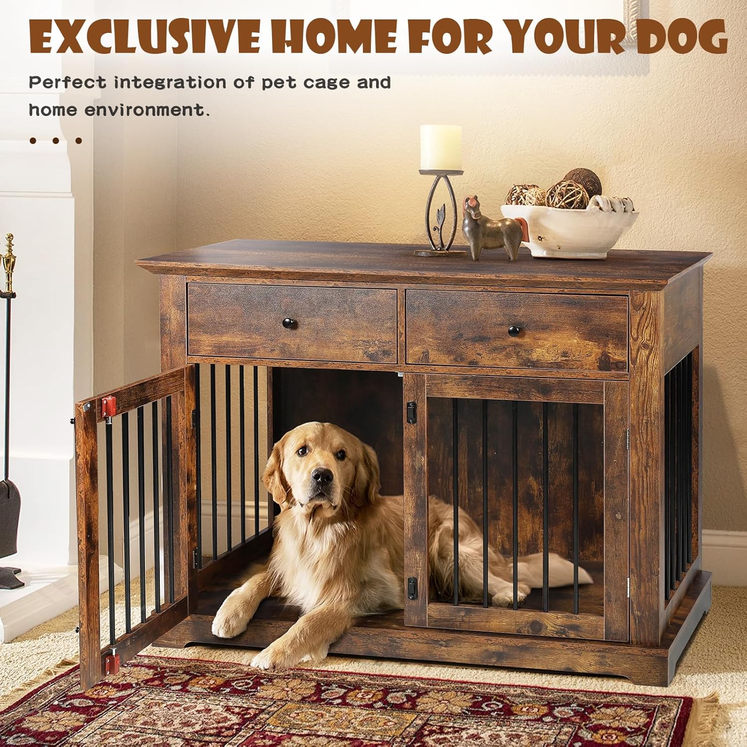 Large Dog Crate Furniture, Wooden Dog Kennel End Table, Brown - Image 4