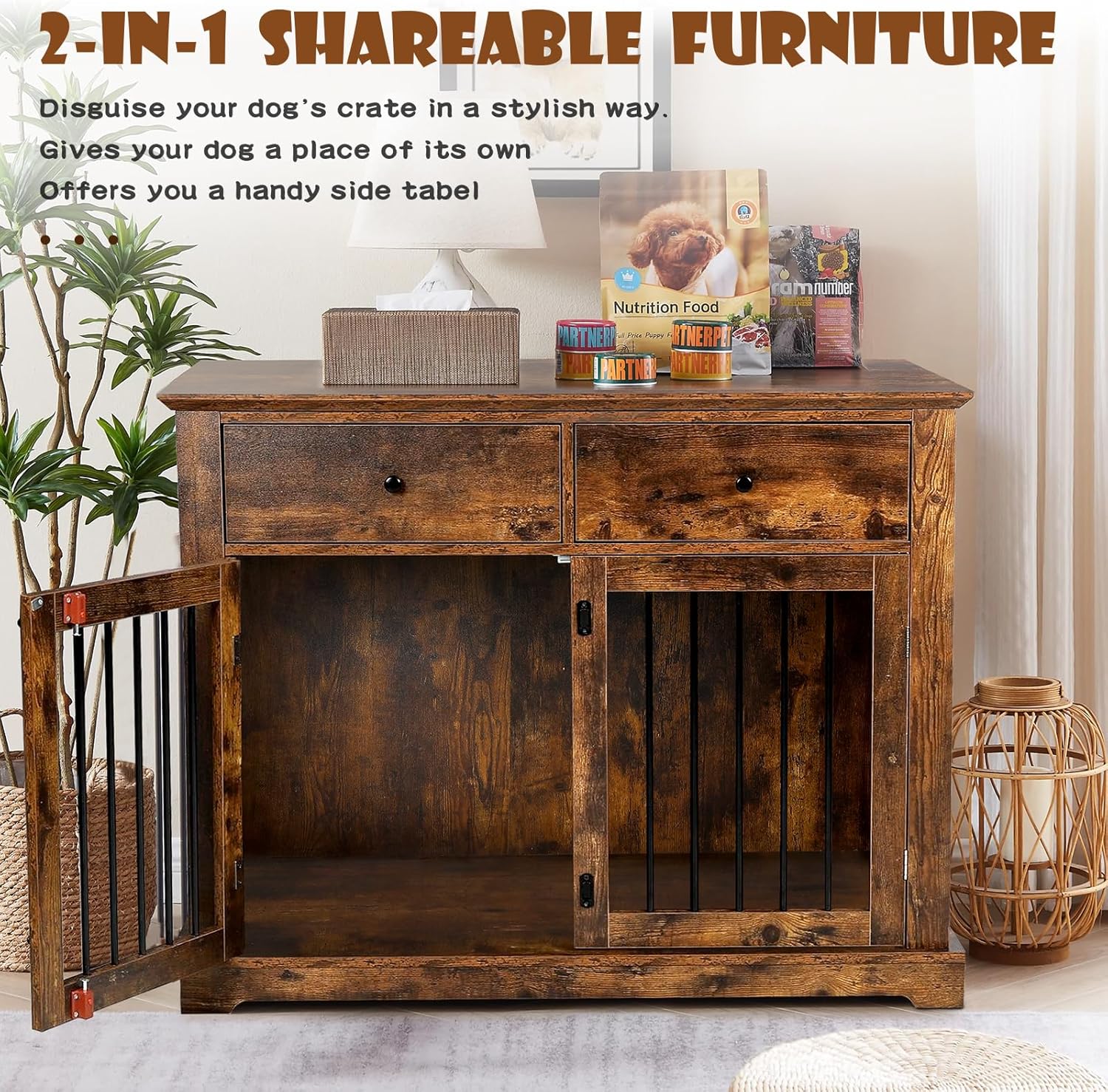 Large Dog Crate Furniture, Wooden Dog Kennel End Table, Brown - Image 5