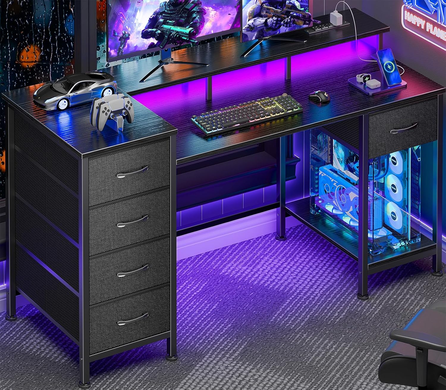 Gaming Desk with Power Outlets and LED Lights, Reversible Computer Desk Black