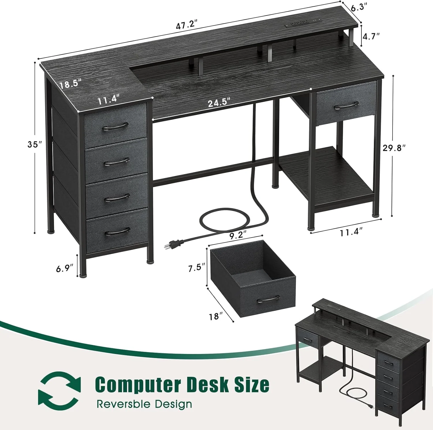 Gaming Desk with Power Outlets and LED Lights, Reversible Computer Desk Black - Image 2